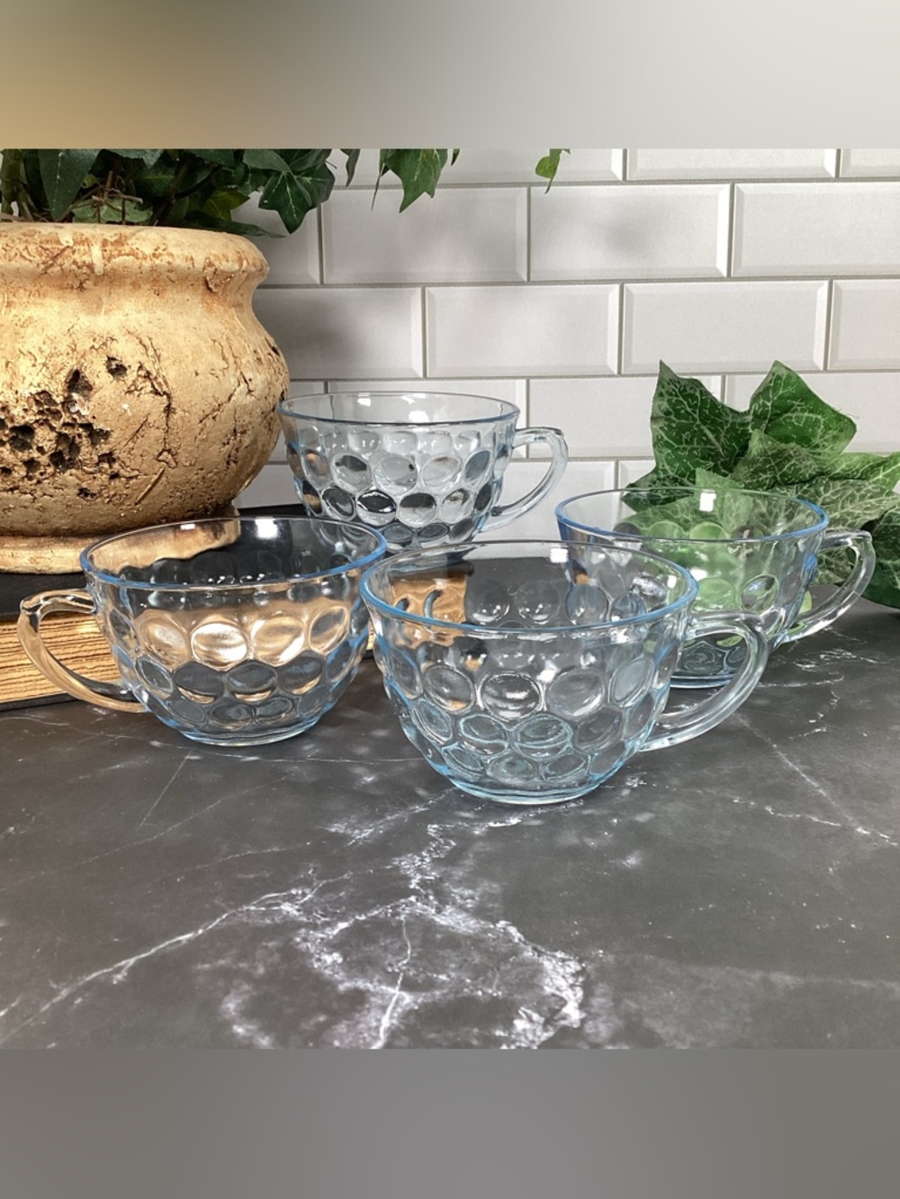 4 Vtg Anchor Hocking Blue Bubble Glass Teacups Or Punch Glasses Depression Glass